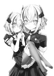 Rule 34 | 2girls, absurdres, ass, azur lane, blush, breasts, buttons, carrying, collared shirt, commentary request, cowboy shot, cross, crossed bangs, emulume, fingernails, full body, greyscale, hair between eyes, headgear, highres, if they mated, iron cross, long fingernails, looking at viewer, medium breasts, monochrome, mother and daughter, multicolored hair, multiple girls, neck ribbon, necktie, pantyhose, princess carry, ribbon, roon (azur lane), shirt, short hair, short sleeves, sidelocks, simple background, sketch, skirt, smile, standing, streaked hair, white background, wristband