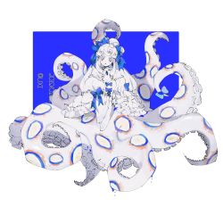 Rule 34 | 1girl, asphyxia17, blue-ringed octopus, blue bow, bow, breasts, cleavage, commentary, dress, dress bow, drill hair, hair bow, highres, long sleeves, looking at viewer, monster girl, multicolored eyes, open mouth, original, ringed eyes, scylla, solo, symbol-only commentary, tentacles, white dress, white hair