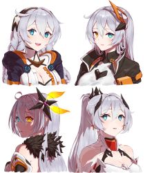 Rule 34 | 1girl, :d, :o, absurdres, armor, back, bare shoulders, black jacket, blue eyes, breasts, cleavage, crying, crying with eyes open, earrings, hair ornament, heterochromia, highres, honkai (series), honkai impact 3rd, jacket, jewelry, kiana kaslana, kiana kaslana (herrscher of flamescion), kiana kaslana (herrscher of the void), kiana kaslana (void drifter), kiana kaslana (white comet), long hair, looking at viewer, looking back, multiple persona, multiple views, open mouth, ponytail, scarlet23i0, simple background, smile, tears, white background, yellow eyes