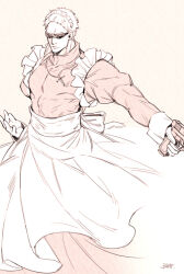 Rule 34 | 1boy, alternate costume, alternate universe, apron, bara, blonde hair, covered abs, cropped legs, cross, cross necklace, enmaided, feet out of frame, gun, holding, holding gun, holding weapon, jewelry, kyosuke, large pectorals, looking to the side, maid, maid apron, maid headdress, male focus, muscular, muscular male, necklace, pectorals, priest, reiner braun, shingeki no kyojin, short hair, solo, standing, sunglasses, weapon, wind