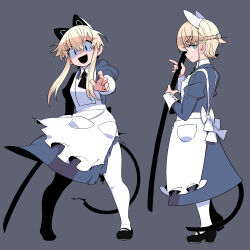 Rule 34 | 1girl, animal ears, apron, aqua eyes, back bow, black footwear, blonde hair, blue dress, bow, braid, character request, closed mouth, commentary request, copyright request, dress, fake animal ears, from side, full body, grey background, hair between eyes, hair over eyes, highres, holding, jaggy lines, legs apart, long hair, long sleeves, looking at viewer, multiple views, omiya (louise-louis-lucille), open mouth, outstretched arm, pantyhose, pocket, pointy ears, sanpaku, shoes, sidelocks, simple background, standing, tail, tareme, torn clothes, white apron, white pantyhose, wing collar