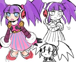 Rule 34 | 1girl, android, blue eyes, call (mighty no. 9), call d, dress, eyebrows, fingerless gloves, gloves, hairband, headphones, joints, long hair, mighty no. 9, no humans, open mouth, purple hair, robot, robot joints, shirt, simple background, skirt, solo, twintails, white background