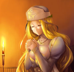 Rule 34 | 1girl, blonde hair, bodysuit, breasts, breasts squeezed together, closed eyes, corset, gainos priestess melpha, glasses, hat, huge breasts, long hair, melpha, nun, praying, queen&#039;s blade, solo, very long hair, zundarepon