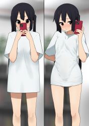 Rule 34 | 1girl, absurdres, black hair, blurry, blurry background, blush, breasts, brown eyes, cellphone, commentary, commission, embarrassed, feet out of frame, highres, holding, holding phone, k-on!, kicchi (tmgk), long hair, meme, multiple views, nakano azusa, pajamas challenge (meme), phone, selfie, shirt, short sleeves, skeb commission, small breasts, smartphone, sweat, taking picture, twintails, white shirt