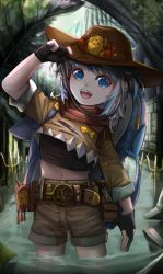 Rule 34 | 1girl, absurdres, alternate costume, backpack, bag, belt, bloop (gawr gura), blue eyes, blue hair, brown jacket, child, cowboy hat, crop top, female focus, fingerless gloves, fins, fish tail, gawr gura, gloves, hat, hat tip, highres, hololive, hololive english, jacket, looking at viewer, midriff, multicolored hair, navel, open mouth, overgrown, partially submerged, polearm, red scraf, ruins, scraf, shark tail, sharp teeth, shorts, sleeves rolled up, slow 2pin, smile, solo, sports bra, tail, teeth, torn clothes, trident, virtual youtuber, weapon, white hair