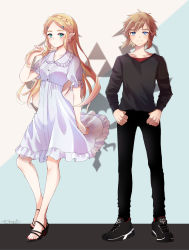 Rule 34 | 1boy, 1girl, alternate costume, black pants, black shirt, blonde hair, blue eyes, blush, braid, breasts, casual, character name, closed mouth, collarbone, crown braid, dress, earrings, full body, grey background, hair ornament, hairclip, hand up, highres, holding, holding own hair, jewelry, link, long hair, long sleeves, looking at viewer, nintendo, pants, parted bangs, pointy ears, princess zelda, puffy short sleeves, puffy sleeves, seri (yuukasakura), shirt, shoes, short hair, short sleeves, small breasts, standing, the legend of zelda, the legend of zelda: breath of the wild, thumb in pocket, two-tone background, white background, white dress