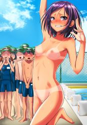 Rule 34 | blush, breasts, clenched teeth, clothed male nude female, crying, embarrassed, guglielmo, looking at viewer, navel, nipples, nude, outdoors, pool, purple eyes, purple hair, small breasts, solo focus, standing, swimsuit, tan, tanline, tears, teeth