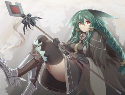 Rule 34 | 1girl, armored boots, ass, belt buckle, black thighhighs, boots, braid, breasts, bright pupils, buckle, dress, feathers, green hair, holding, holding lance, holding polearm, holding weapon, impossible clothes, impossible dress, lance, large breasts, long hair, looking at viewer, original, polearm, red eyes, sidelocks, solo, thighhighs, thighs, very long hair, weapon, white pupils, yonaga san