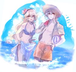 Rule 34 | 1boy, 1girl, azura (fire emblem), beach, bikini, blouse, blush, breasts, clothes lift, corrin (female) (fire emblem), corrin (fire emblem), corrin (male) (fire emblem), dual persona, fire emblem, fire emblem fates, fire emblem heroes, food, hairband, hand on own hip, hat, iriya (lonesome), long hair, looking at viewer, male swimwear, nintendo, open clothes, open mouth, open shirt, orange male swimwear, orange swim trunks, pointy ears, popsicle, red eyes, shirt, short hair, smile, swim trunks, swimsuit, water, watermelon bar, white hair