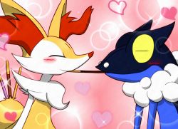 Rule 34 | ^ ^, animal ear fluff, animal nose, bad id, bad pixiv id, blush, braixen, closed eyes, colored sclera, creatures (company), food, frogadier, furry, game freak, gen 6 pokemon, heart, nintendo, pink background, pocky, pocky day, pocky kiss, pokemon, pokemon (creature), ramune dama, shared food, simple background, snout, sparkle, upper body, yellow sclera