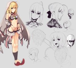Rule 34 | 1girl, ahoge, altera (fate), artoria pendragon (all), artoria pendragon (fate), bare shoulders, blonde hair, breasts, closed mouth, commentary, cosplay, fate/extella, fate/extra, fate/extra ccc, fate (series), green eyes, highres, long hair, multiple views, navel, pom pom (clothes), revealing clothes, saber (fate), short hair, simple background, small breasts, veil