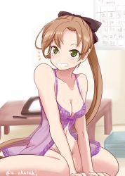 Rule 34 | 1girl, 2017, akai akasaki, akigumo (kancolle), blush, breasts, brown hair, calendar, cleavage, drawing, forehead, green eyes, grin, kantai collection, lingerie, long hair, looking at viewer, medium breasts, mole, mole under eye, negligee, pen, sitting, smile, solo, table, twitter username, underwear, wariza