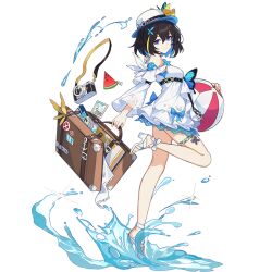 Rule 34 | 1girl, ankle bow, ankle ribbon, ball, bare legs, bare shoulders, beachball, black hair, blue eyes, blue hair, bow, briefcase, bug, butterfly, camera, dress, food, fruit, full body, hat, high heels, holding, holding ball, holding beachball, holding briefcase, honkai (series), honkai impact 3rd, insect, multicolored hair, official art, ribbon, seele vollerei, smile, sundress, thigh strap, third-party source, transparent background, two-tone hair, water, watermelon, watermelon slice