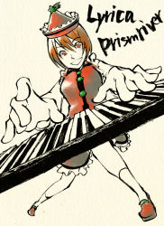 Rule 34 | 1girl, brown hair, buttons, character name, dress, female focus, foreshortening, hat, instrument, keyboard (instrument), looking at viewer, lyrica prismriver, music, playing instrument, red dress, shou shishi, solo, standing, tate eboshi, touhou