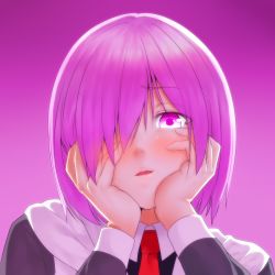 Rule 34 | 1girl, amatlas, black dress, blood, blush, crazy eyes, dress, fate/grand order, fate (series), hair over one eye, hands on own cheeks, hands on own face, jacket, light purple hair, looking at viewer, mash kyrielight, necktie, open mouth, parody, portrait, purple eyes, short hair, solo, yandere, yandere trance