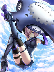 Rule 34 | 1girl, armor, armored boots, armored leotard, bare shoulders, black leotard, black thighhighs, boots, breasts, breasts apart, cloud, cloudy sky, day, drogoth, elbow gloves, fate/grand order, fate (series), full body, gloves, hair over one eye, high heel boots, high heels, highres, holding, holding shield, leotard, light purple hair, looking at viewer, mash kyrielight, medium breasts, parted lips, purple eyes, shield, short hair, sky, smile, solo, thigh strap, thighhighs