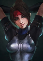Rule 34 | 1girl, absurdres, adjusting hair, armor, arms behind head, arms up, breastplate, brown hair, dark background, final fantasy, final fantasy vii, final fantasy vii remake, gloves, headband, highres, jessie rasberry, looking at viewer, monori rogue, red headband, shoulder armor, smile, solo, strap, upper body