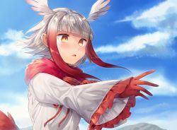 Rule 34 | 10s, 1girl, bird tail, blue sky, blunt bangs, blush, cloud, day, gloves, hand on own chest, head wings, japanese crested ibis (kemono friends), kemono friends, long sleeves, looking away, medium hair, multicolored hair, ntk (7t5), open mouth, outdoors, outstretched arm, red gloves, shirt, silver hair, sky, solo, tail, two-tone hair, upper body, white shirt, wings, yellow eyes