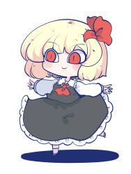 Rule 34 | 1girl, ascot, black skirt, black vest, blonde hair, blush, chahan (fried rice0614), chibi, collared shirt, commentary, frilled shirt collar, frilled skirt, frills, full body, hair ribbon, highres, long sleeves, looking to the side, outstretched arms, puffy sleeves, red ascot, red eyes, red footwear, red ribbon, ribbon, rumia, shadow, shirt, short hair, simple background, skirt, smile, socks, solo, standing, standing on one leg, touhou, vest, white background, white shirt, white sleeves, white socks