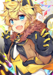 Rule 34 | 1boy, animal ears, belt collar, black neckerchief, blonde hair, blue eyes, blush, brown jacket, buttons, claw pose, collar, commentary, confetti, diamond (shape), english commentary, facial tattoo, flag, fur-trimmed jacket, fur trim, gloves, hands up, jacket, kagamine len, leeannpippisum, light blush, lion ears, looking at viewer, magical mirai (vocaloid), magical mirai len, male focus, neckerchief, open mouth, short hair, short ponytail, smile, solo, spiked hair, star (symbol), tail, tattoo, upper body, vocaloid