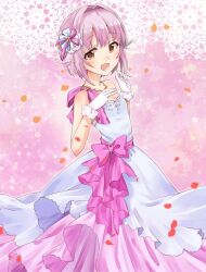 Rule 34 | 1girl, bare shoulders, blush, bow, breasts, brown eyes, dress, dress bow, falling petals, from side, gloves, grey hair, hair flaps, hair ornament, hands up, idolmaster, idolmaster cinderella girls, idolmaster cinderella girls starlight stage, jewelry, koshimizu sachiko, layered dress, looking at viewer, necklace, open mouth, petals, pink background, pink bow, poco0809, purple hair, short hair, single strap, sleeveless, sleeveless dress, small breasts, smile, solo, two-tone dress, white gloves