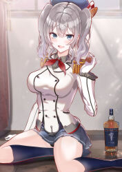 Rule 34 | 1girl, absurdres, alcohol, beret, black hat, black skirt, black socks, blue eyes, bottle, breasts, buttons, cup, double-breasted, drinking glass, epaulettes, frilled sleeves, frills, gloves, grey hair, hat, highres, holding, holding cup, jacket, kantai collection, kashima (kancolle), large breasts, long sleeves, military, military jacket, military uniform, miniskirt, neckerchief, open mouth, pleated skirt, red neckerchief, shot glass, sidelocks, sitting, skirt, socks, solo, taki rentaro, twintails, uniform, wavy hair, whiskey, white gloves, white jacket, yokozuwari