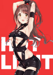 Rule 34 | 1girl, :d, absurdres, ameyame, arched back, armpits, arms up, bare shoulders, black legwear, blush, breasts, brown eyes, brown hair, commentary, cowboy shot, english commentary, english text, female focus, from side, highres, hot limit, idolmaster, idolmaster cinderella girls, leaning forward, long hair, looking at viewer, medium breasts, navel, one side up, open mouth, red background, revealing clothes, shimamura uzuki, shiny clothes, simple background, skindentation, smile, solo, t.m.revolution, underboob