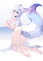 1girl absurdres animal_ear_fluff animal_ears ass barefoot blue_eyes breasts completely_nude fox_ears fox_girl fox_tail grey_hair highres kirby_d_a kneeling long_hair looking_at_viewer medium_breasts nude original pussy tail tongue tongue_out very_long_hair white_hair