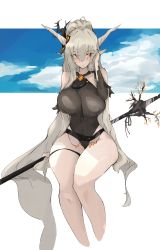 Rule 34 | 1girl, arknights, bare legs, black one-piece swimsuit, blue sky, blush, breasts, closed mouth, cloud, cloudy sky, commentary, cowboy shot, demon horns, hair between eyes, hand in own hair, highres, holding, holding staff, horns, invisible chair, large breasts, light smile, long hair, looking to the side, mikozin, narrow waist, official alternate costume, one-piece swimsuit, orange eyes, pointy ears, ponytail, ribbed swimsuit, shining (arknights), shining (silent night) (arknights), simple background, sitting, sky, smile, solo, staff, swimsuit, thigh strap, thighs, very long hair