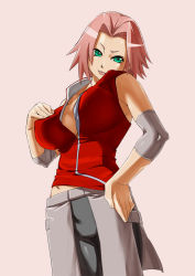Rule 34 | 1girl, alternate breast size, arm warmers, bare shoulders, bike shorts, breasts, cleavage, cowboy shot, fingernails, green eyes, hand on own chest, hand on own hip, haruno sakura, head tilt, hip focus, konakona, large breasts, looking at viewer, naruto, naruto (series), pink background, pink hair, pink skirt, red shirt, shirt, short hair, shorts, shorts under skirt, side slit, simple background, skin tight, skirt, sleeveless, sleeveless shirt, solo, spandex, tight clothes, tongue, tongue out, unzipped, zipper