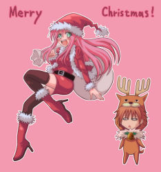 Rule 34 | 00s, 1boy, 1girl, animal costume, boots, christmas, hat, lala satalin deviluke, open mouth, pink background, pink hair, reindeer, santa costume, santa hat, simple background, thighhighs, to love-ru, triangle mouth, yuuki rito