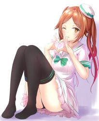 1girl bad_id bad_twitter_id black_panties black_thighhighs blush bow female_focus full_body green_bow hat heart heart_hands looking_at_viewer multicolored_hair no_shoes one_eye_closed orange_eyes panties parted_lips phantasy_star phantasy_star_online_2 pleated_skirt purple_hair quna_(pso2) red_hair sailor_collar sailor_shirt school_uniform shirt simple_background sitting skirt solo thighhighs thighs twintails underwear white_background white_shirt white_skirt yuano