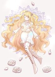 Rule 34 | 1girl, blonde hair, boots, dress, flower, flower over eye, highres, kirakishou, long hair, looking at viewer, petals, pine (pineapple5459), rose, rozen maiden, smile, solo, thigh boots, very long hair, white dress, white flower, white rose, yellow eyes