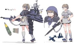 Rule 34 | 1girl, aircraft, airplane, blue eyes, blush, bolt action, boots, breasts, brown hair, bullet, cleavage, closed mouth, clothes writing, commentary request, f4u corsair, from behind, gun, hair between eyes, hand on own hip, helmet, highres, holding, holding gun, holding weapon, intrepid (kancolle), jura cambri, kantai collection, m1903 springfield, multiple views, neck pillow, open mouth, ponytail, pouch, rifle, rigging, short sleeves, simple background, standing, weapon, white background