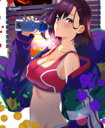 Rule 34 | 1girl, aona (anagasaki), blue jacket, bottle, breasts, cleavage, commentary, green jacket, hair behind ear, hair ornament, hairclip, hand up, highres, holding, holding bottle, jacket, large breasts, light blush, long sleeves, looking at viewer, midriff, mikazuki shizuka, multicolored clothes, multicolored jacket, navel, off shoulder, open clothes, open jacket, pink eyes, pink shorts, pink sports bra, purple hair, shorts, solo, sports bra, sportswear, stomach, sweat, twitter username, water bottle, white jacket, zom 100: zombie ni naru made ni shitai 100 no koto