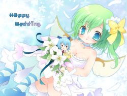 Rule 34 | 2girls, alternate costume, bare shoulders, blue eyes, blue hair, blush, bouquet, bow, breasts, bride, choker, cirno, cleavage, daiyousei, dress, fairy wings, feathers, flower, green hair, hair bow, hair ornament, jewelry, kokorominton, lily (flower), mini person, minigirl, multiple girls, open mouth, pendant, side ponytail, small breasts, smile, star (symbol), touhou, upskirt, wedding dress, white dress, wings