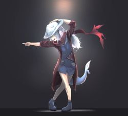 Rule 34 | 1girl, absurdres, ankle socks, blue hair, blunt bangs, closed eyes, cowboy hat, dante (devil may cry), devil may cry (series), devil may cry 5, fins, fish tail, gawr gura, hat, highres, hololive, hololive english, holomyth, jacket, michael jackson, multicolored hair, open mouth, shark tail, silver hair, smile, smooth criminal, socks, solo, streaked hair, tail, tallgeese (lgeesel), teeth, virtual youtuber