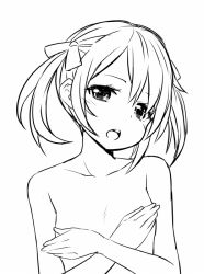 Rule 34 | 1girl, bow, breasts, collarbone, covering privates, covering chest, greyscale, hair bow, head tilt, looking at viewer, monochrome, nude, open mouth, round teeth, short hair, short twintails, sidelocks, simple background, small breasts, solo, tareme, teeth, twintails, upper body, white background, zaxwu