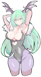Rule 34 | 1girl, animal print, bat wings, breasts, bridal gauntlets, cleavage, clothing cutout, commentary request, enpe, green hair, head wings, heart cutout, highres, large breasts, leotard, long hair, morrigan aensland, pantyhose, purple pantyhose, simple background, solo, vampire (game), white background, wings