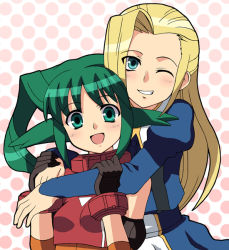 Rule 34 | 00s, 2girls, arm grab, blonde hair, blush, chaccu, collar, gloves, green eyes, green hair, hug, hug from behind, long hair, long sleeves, looking at viewer, multiple girls, one eye closed, rita revant, rose anderson, smile, solty rei, solty revant, wrist cuffs