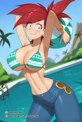 Rule 34 | 1girl, barleyshake, bikini top, breasts, cosplay, cowboy shot, denim, foster&#039;s home for imaginary friends, frankie foster, highres, jeans, large breasts, nami (one piece) (cosplay), one piece, pants, solo, standing