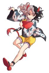 Rule 34 | 1girl, alphes (style), animal ears, animal print, black hair, breasts, commentary request, cow ears, cow horns, cow print, cow tail, dairi, frilled shorts, frills, full body, grey eyes, haori, horns, japanese clothes, looking at viewer, multicolored hair, open mouth, outstretched arm, parody, red eyes, red footwear, sandals, short hair, shorts, smile, solo, split-color hair, style parody, tachi-e, tail, touhou, transparent background, two-tone hair, ushizaki urumi, yellow shorts