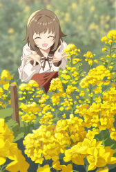 Rule 34 | 1girl, :d, ^ ^, absurdres, blurry, blurry background, brown hair, brown skirt, closed eyes, collared shirt, commentary request, day, depth of field, eyebrows hidden by hair, flower, hands up, highres, knees up, kooan, long sleeves, open mouth, original, outdoors, puffy long sleeves, puffy sleeves, rapeseed blossoms, shirt, skirt, smile, solo, squatting, white shirt, yellow flower