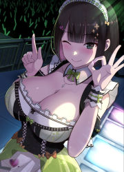 Rule 34 | 1girl, blush, bow, bowtie, breasts, brown eyes, brown hair, cleavage, closed mouth, corset, detached collar, diisuke, green bow, green bowtie, hair ornament, hairclip, headdress, heart, heart hair ornament, idol, index finger raised, large breasts, looking at viewer, mini bowtie, nijisanji, ok sign, one eye closed, seto miyako, smile, solo, stage, virtual youtuber, wing collar