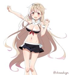 Rule 34 | 1girl, adapted costume, bikini, bikini skirt, black bikini, blonde hair, braid, braided bangs, breasts, cleavage, commentary, feet out of frame, front-tie bikini top, front-tie top, hair flaps, hair ornament, hair ribbon, hairclip, highres, kantai collection, large breasts, liking, long hair, official alternate costume, one-hour drawing challenge, pleated skirt, poi, red eyes, ribbon, scarf, simple background, skirt, solo, swimsuit, twitter username, very long hair, white background, white scarf, yuudachi (kancolle), yuudachi kai ni (kancolle)