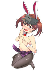 Rule 34 | 1girl, alternate costume, animal ears, black pantyhose, blush, breasts, brown eyes, brown hair, covering privates, covering breasts, covering nipples, detached collar, fake animal ears, fake tail, fang, flat chest, from above, full body, ippongui, kantai collection, kneeling, leotard, looking at viewer, looking up, magatama, navel, no shoes, nose blush, pantyhose, playboy bunny, purple leotard, rabbit ears, rabbit tail, ryuujou (kancolle), shiny clothes, simple background, solo, tail, tearing up, tears, twintails, visor cap, white background, wrist cuffs, zipper