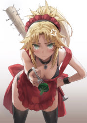 Rule 34 | 1girl, alternate costume, anger vein, baseball bat, blonde hair, blush, braid, breasts, broccoli, closed mouth, fate/apocrypha, fate (series), fork, french braid, green eyes, hair ornament, hair scrunchie, hand on own hip, highres, leaning forward, long hair, looking at viewer, maid headdress, mordred (fate), mordred (fate/apocrypha), parted bangs, ponytail, scrunchie, sidelocks, small breasts, smile, solo, spiked bat, thighhighs, tonee