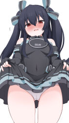 1girl absurdres alternate_breast_size bare_shoulders black_gloves black_hair blush breasts clothes_lift covered_navel dress dress_lift elbow_gloves embarrassed from_below gloves hair_between_eyes hair_ribbon hands_up highres hip_focus lifting_own_clothes long_hair looking_at_viewer looking_down medium_breasts neptune_(series) nicomi-chan open_mouth panties presenting red_eyes ribbon skin_tight sleeveless sleeveless_dress solo striped_ribbon thighs two_side_up underwear uni_(neptunia) very_long_hair white_panties