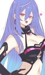 Rule 34 | bare shoulders, bellubutton, blue hair, bodysuit, breasts, cleavage, curvy, gloves, hands on own hips, happy, heart, highres, iris heart, large breasts, long hair, moya 44444, neptune (series), one eye closed, open mouth, pink eyes, pururut, stomach, teeth, very long, wink