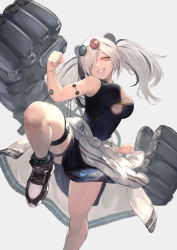 Rule 34 | 1girl, absurdres, animal ears, arknights, bare shoulders, black dress, black footwear, black hair, breasts, brown eyes, china dress, chinese clothes, cleavage, cleavage cutout, clothes around waist, clothing cutout, dress, eyewear on head, feater (arknights), fighting stance, grin, highres, jacket, jacket around waist, large breasts, long hair, mechanical arms, multicolored hair, multicolored jacket, panda ears, purple-tinted eyewear, round eyewear, shirataki jiro, shoes, short dress, short hair, sleeveless, sleeveless dress, smile, sneakers, solo, standing, standing on one leg, streaked hair, sunglasses, tinted eyewear, twintails, two-tone hair, two-tone jacket, underboob cutout, white hair